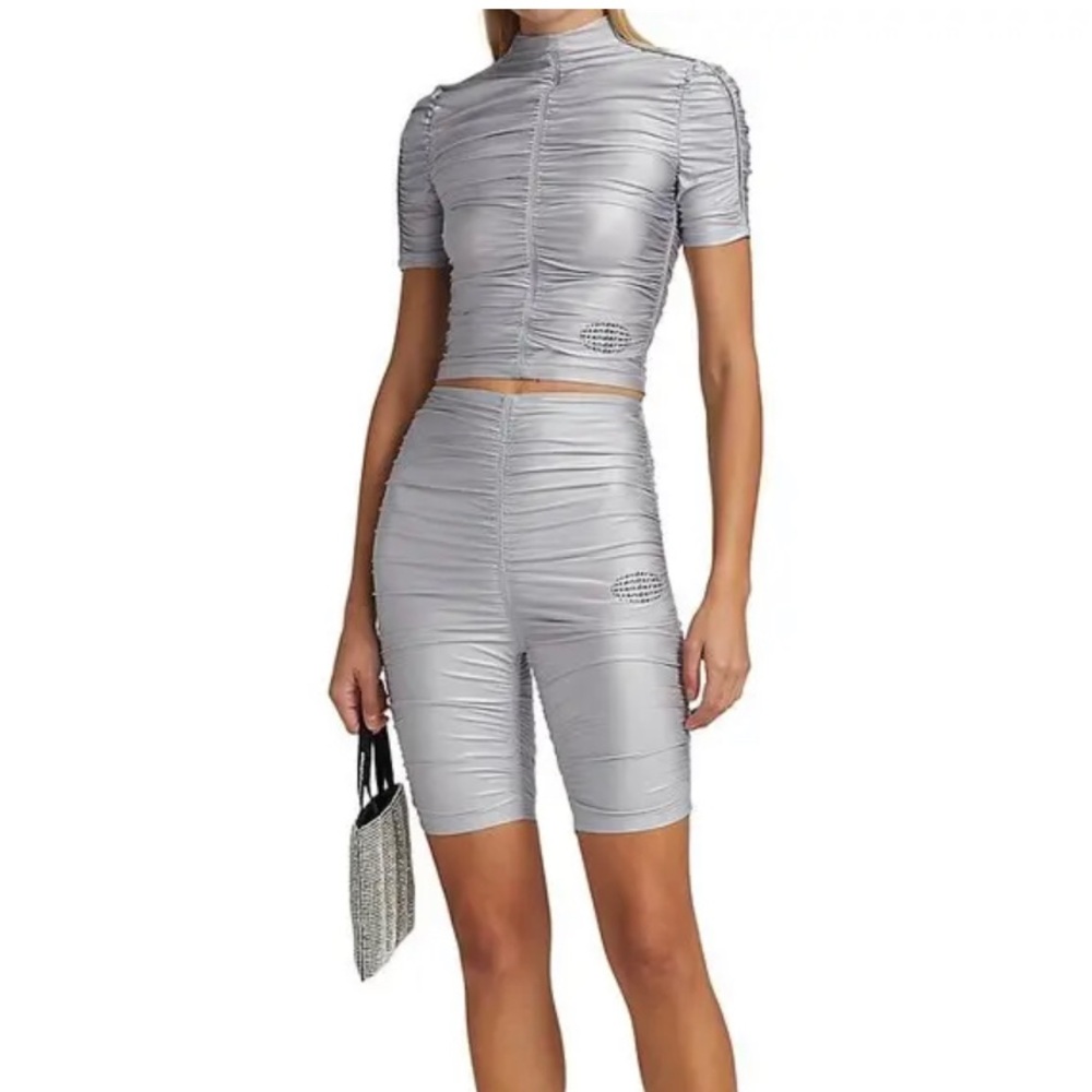 NWT Alexander Wang mock neck silver top with matching high waisted bike shorts